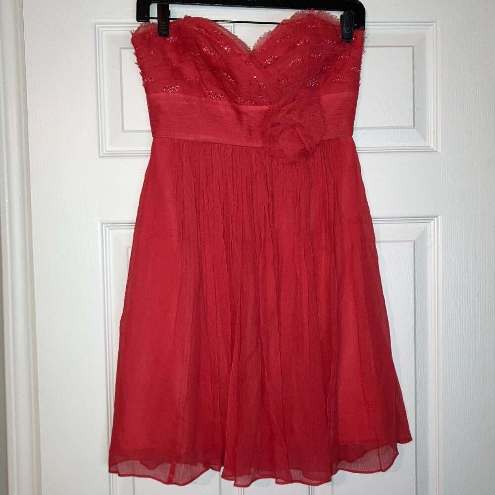 BCBGMaxAzria: NWOT strapless, beaded coral cocktail dress (size 2)